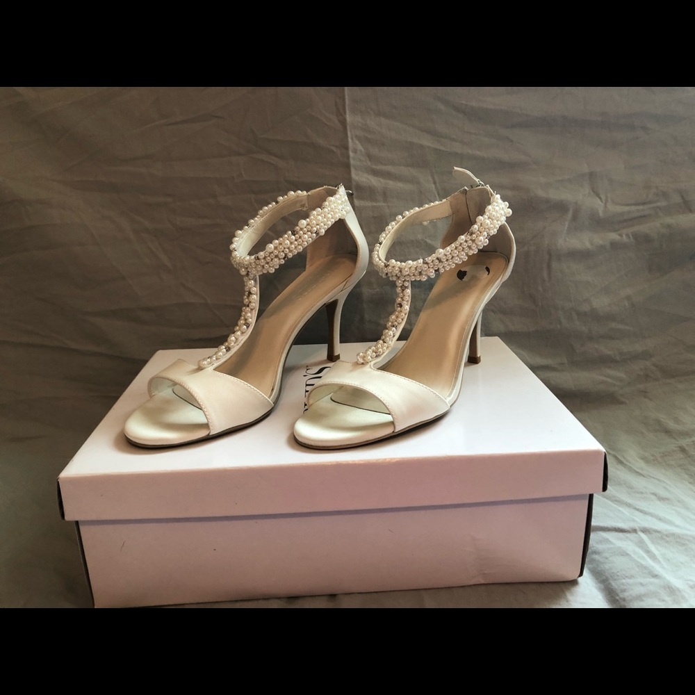 Satin pearl and crystal t-strap heels